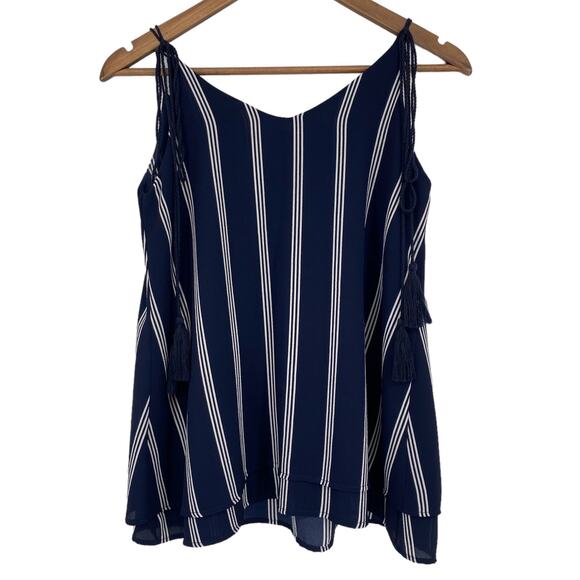 FREEWAY Tassel Tie Strap V Neck Tank Top Nautical Blue White Size Small Coastal - Picture 4 of 7
